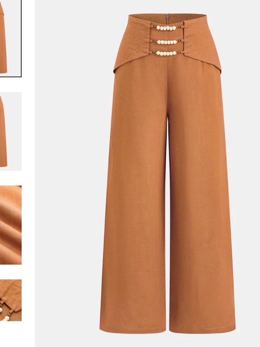 Commense High-Waist Wide-Leg Pants with Decorative Buttons - Rust